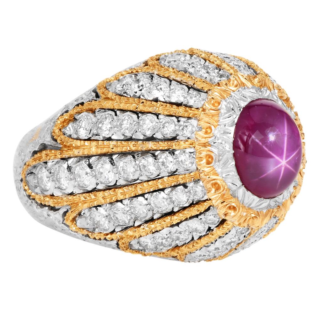 Mario Buccellati Bague en platine GIA à dôme en rubis de Birmanie et diamants en vente 3