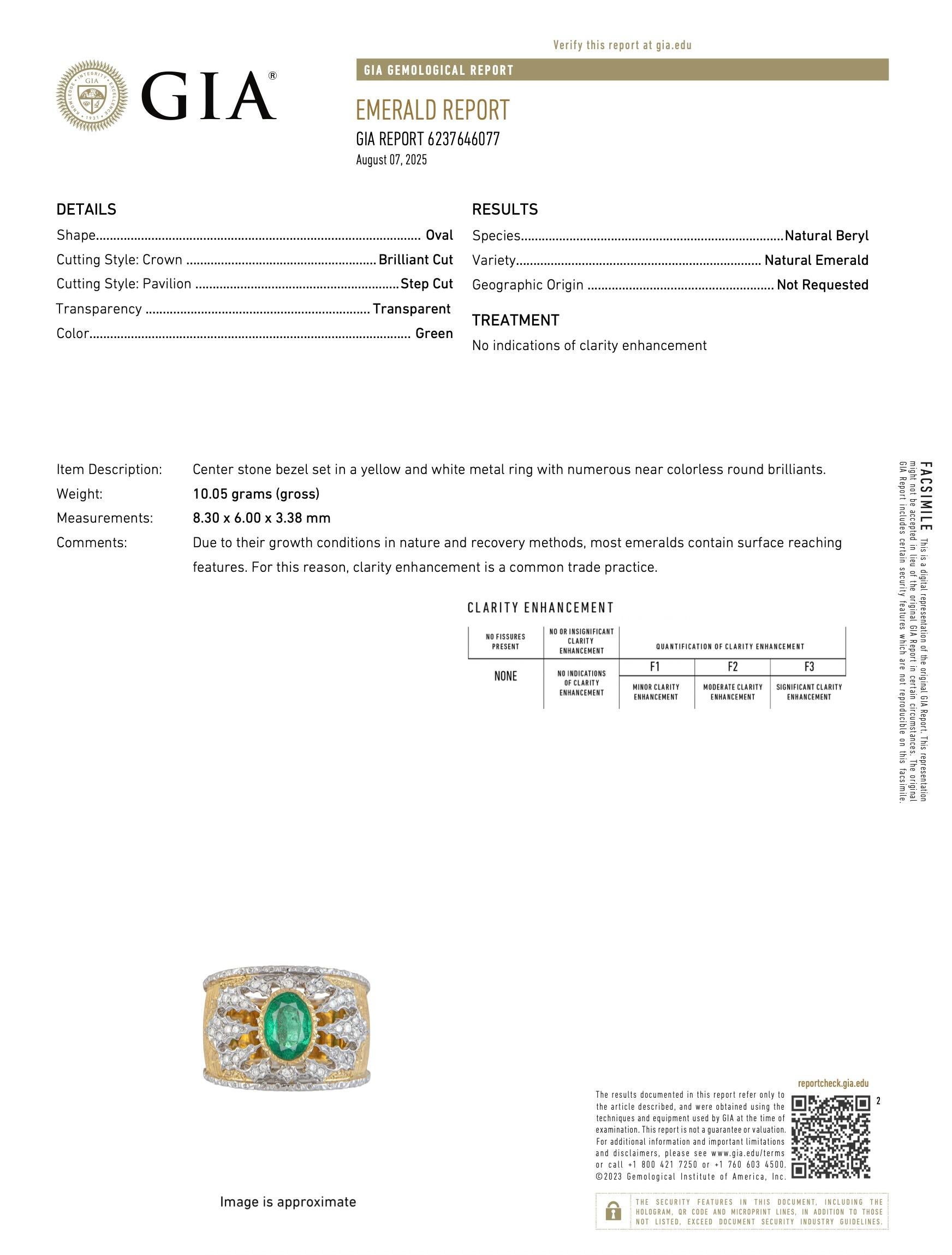 Oval Cut Mario Buccellati GIA  NO OIL Emerald Diamond 18K Wide Statement Ring For Sale