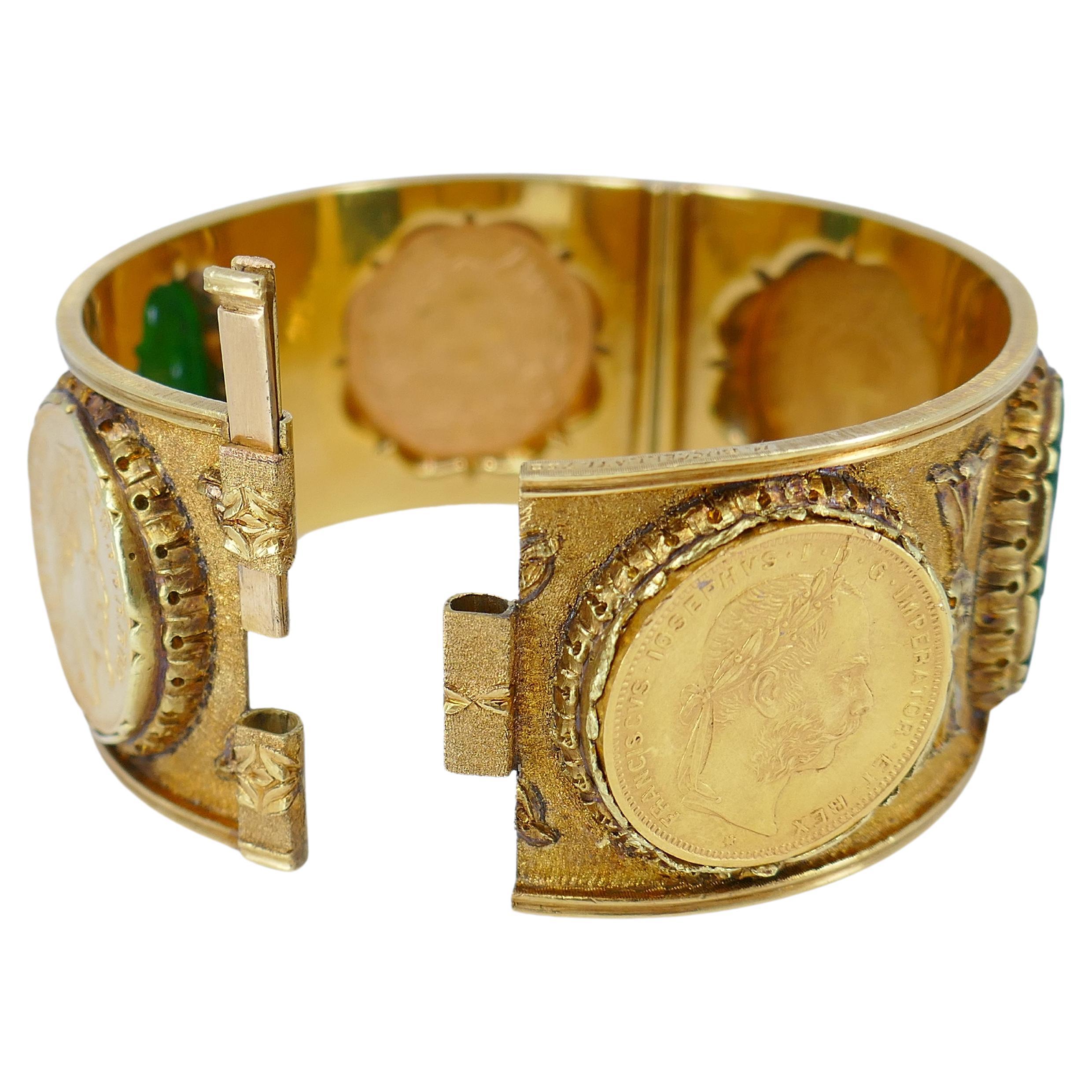 Mario Buccellati Gold Coin Bracelet Carved Jade Vintage Bangle Estate Jewelry For Sale 2