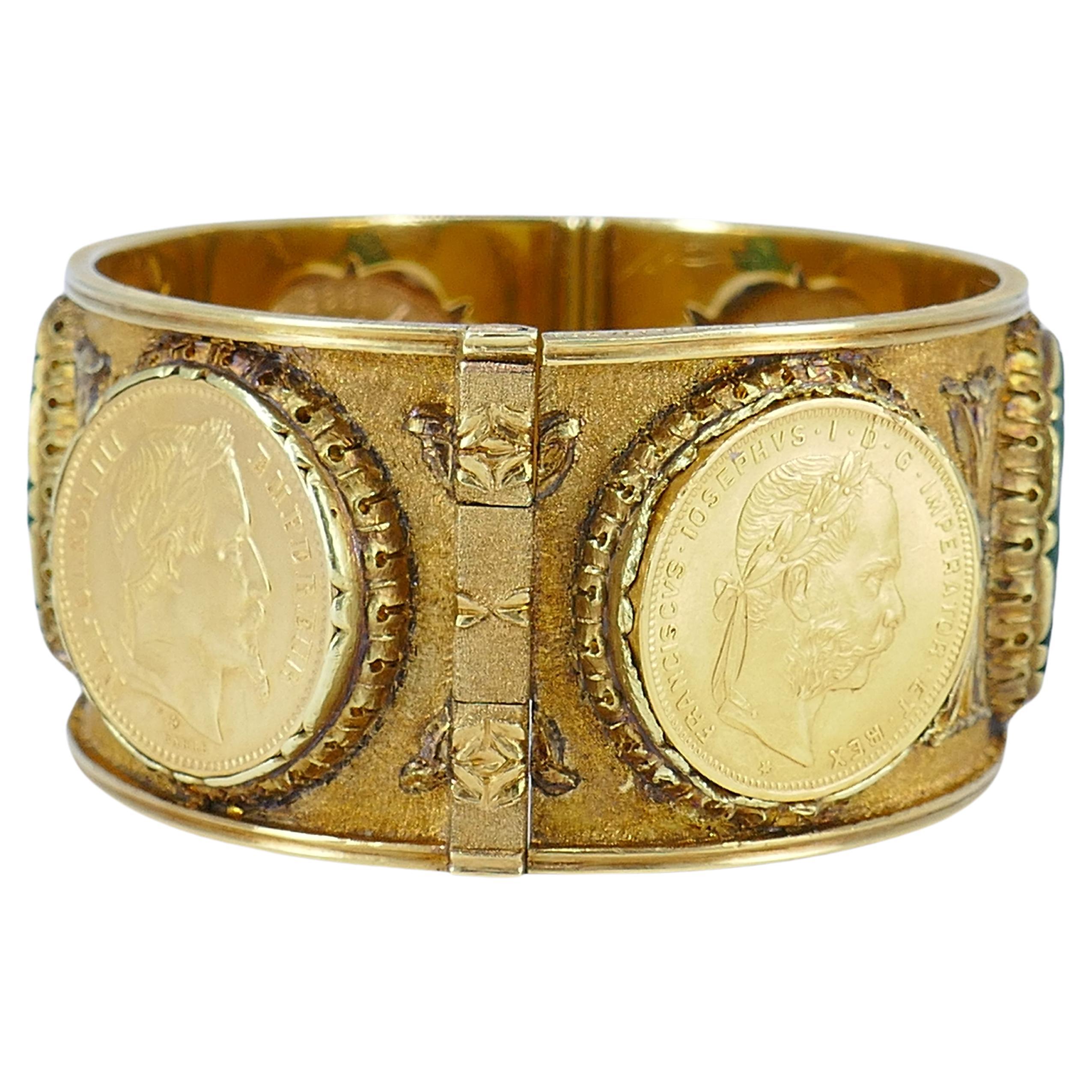 Oval Cut Mario Buccellati Gold Coin Bracelet Carved Jade Vintage Bangle Estate Jewelry For Sale