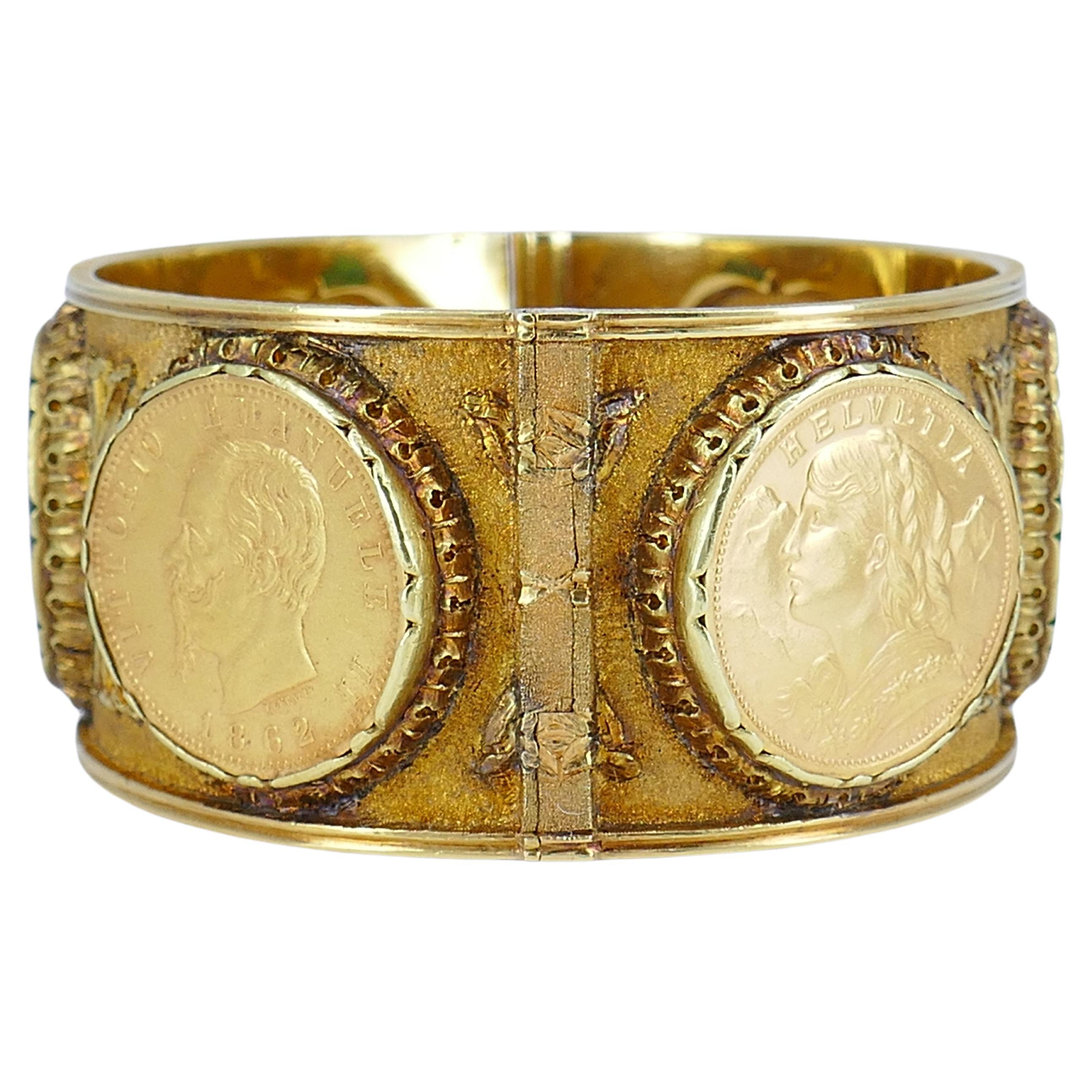 Mario Buccellati Gold Coin Bracelet Carved Jade Vintage Bangle Estate Jewelry In Good Condition For Sale In Beverly Hills, CA
