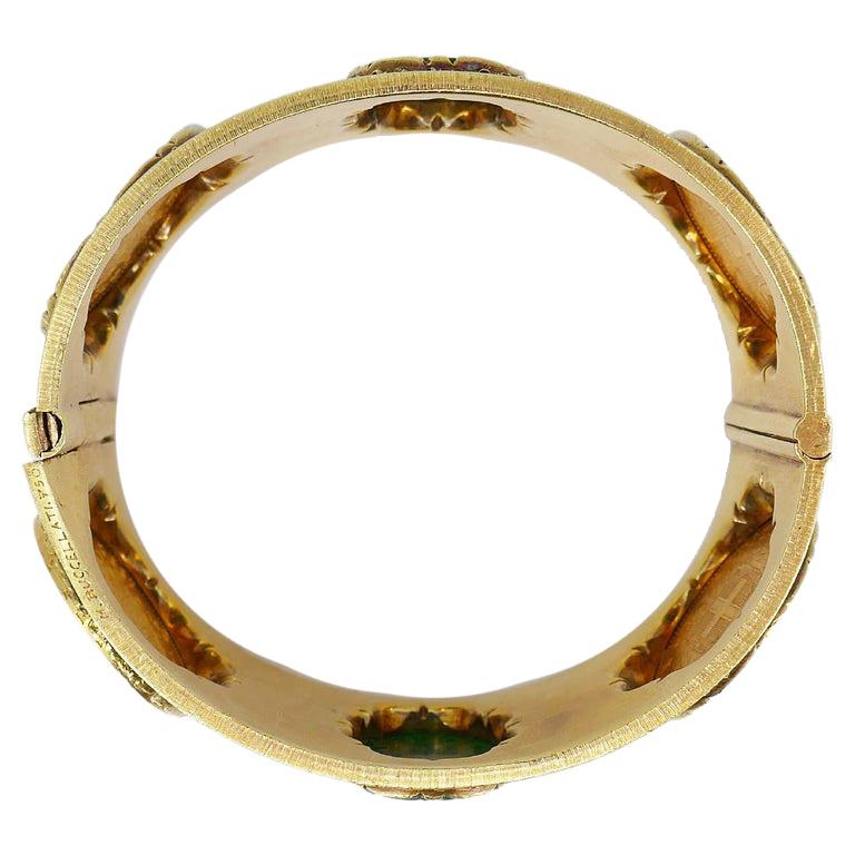 Mario Buccellati Gold Coin Bracelet Carved Jade Vintage Bangle Estate Jewelry For Sale 1