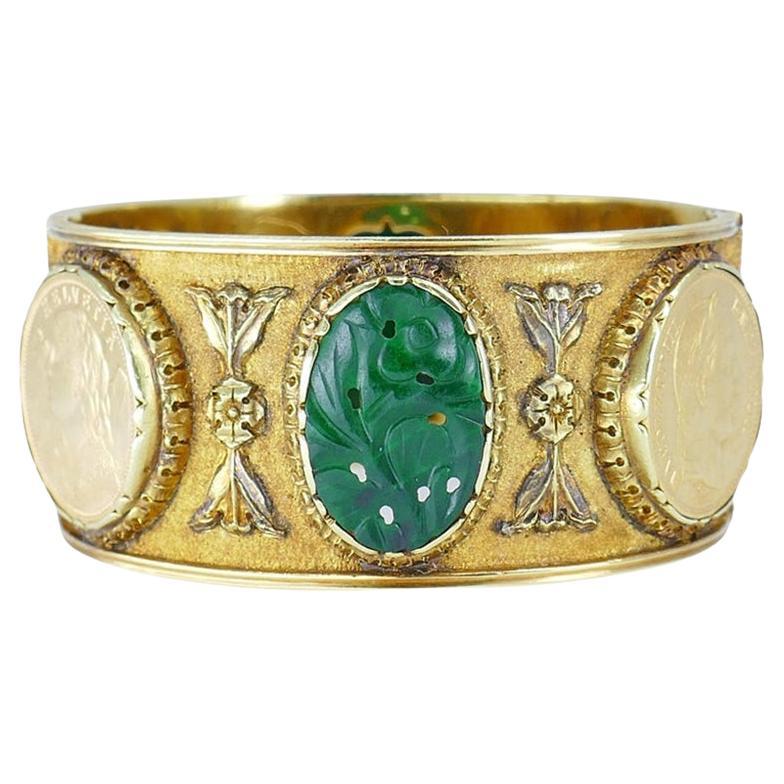 Mario Buccellati Gold Coin Bracelet Carved Jade Vintage Bangle Estate Jewelry en vente