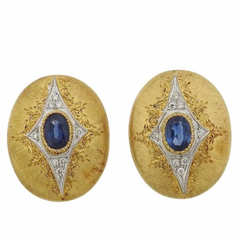 Mario Buccellati Gold Sapphire Diamond Earrings In Excellent Condition For Sale In Lambertville, NJ