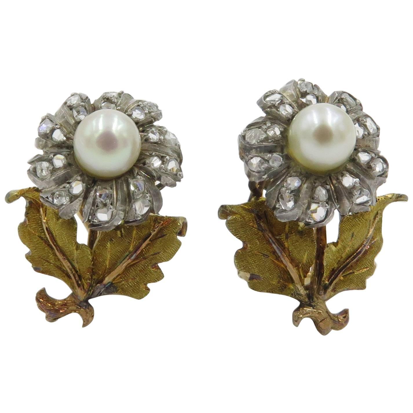 Mario Buccellati Gold, Silver, Pearl and Diamond Flower Earrings