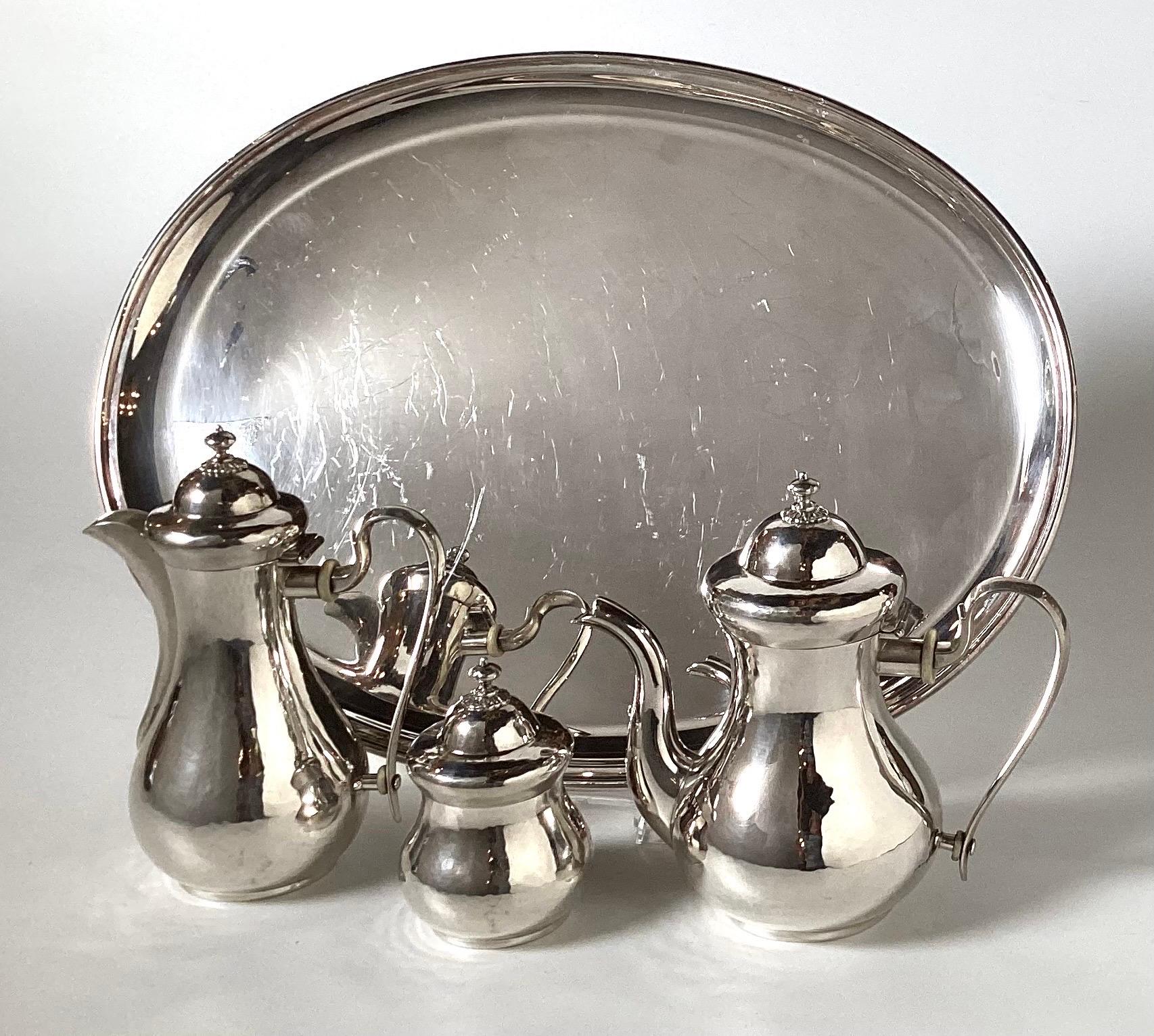 silver tea set with tray