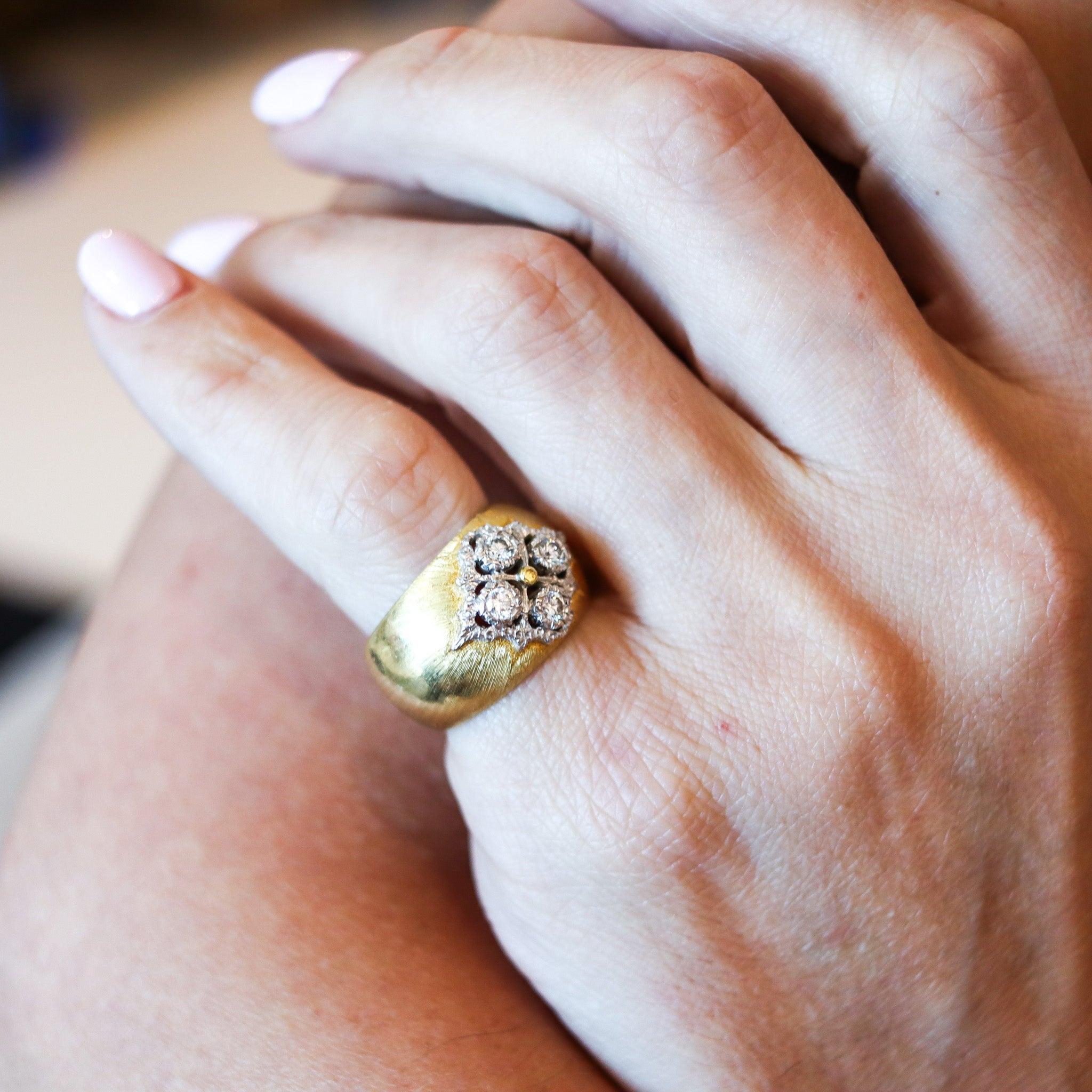 Woven wide ring designed by Mario Buccellati.

This is a beautiful wide band ring created in Milano Italy by the famous jewelry house of Mario Buccellati, back in the 1970. This vintage ring was masterfully crafted in the Baroque renaissance styles