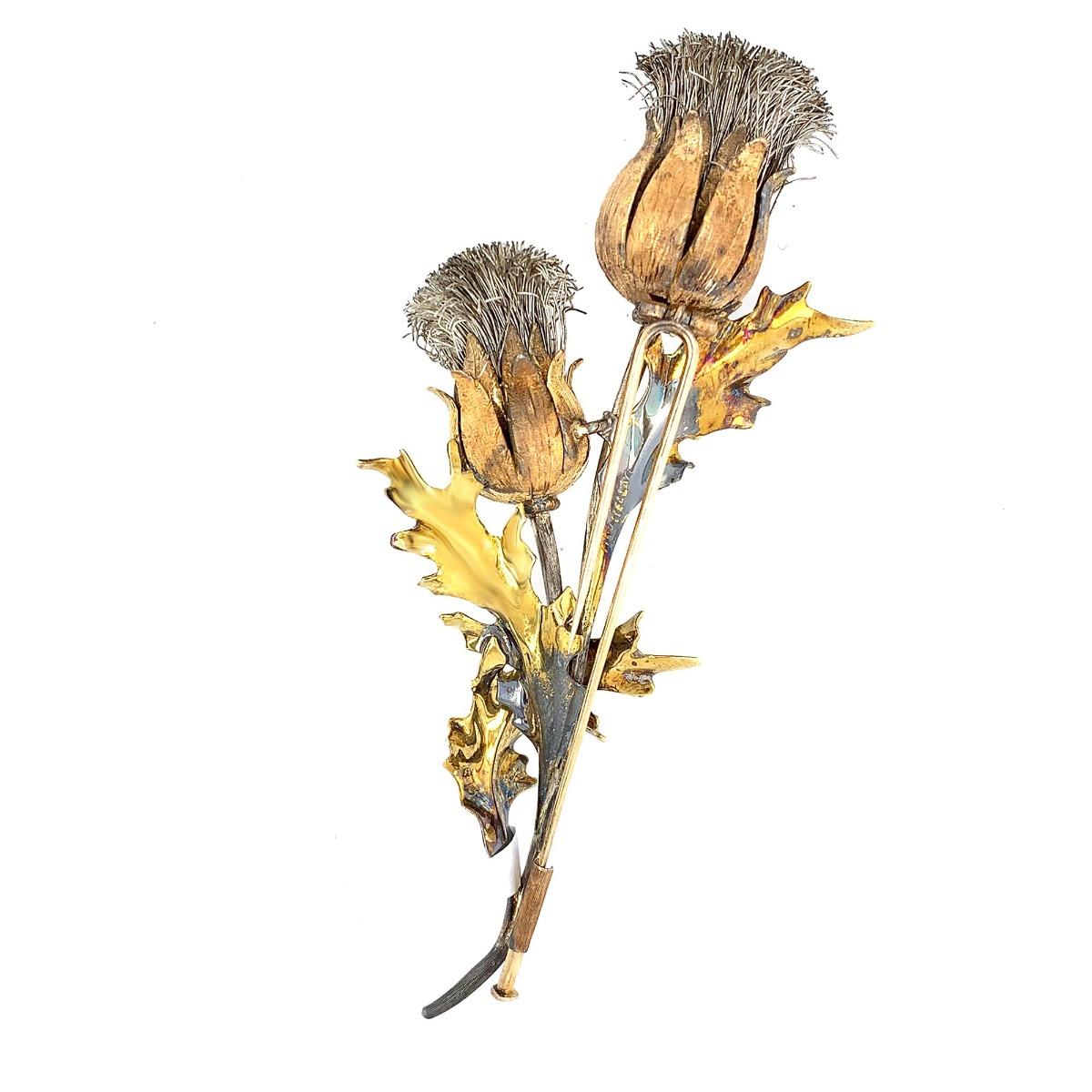 Women's Mario Buccellati Patina Thistle Pin Leaves 18k Yellow Gold and Silver Double Hea