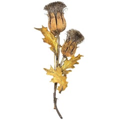 Mario Buccellati Patina Thistle Pin Leaves 18k Yellow Gold and Silver Double Hea