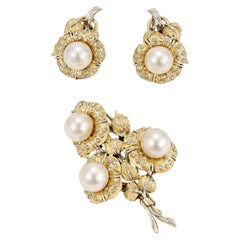 Mario Buccellati Pearl Flower Brooch and Earrings Set 18K Gold with Box