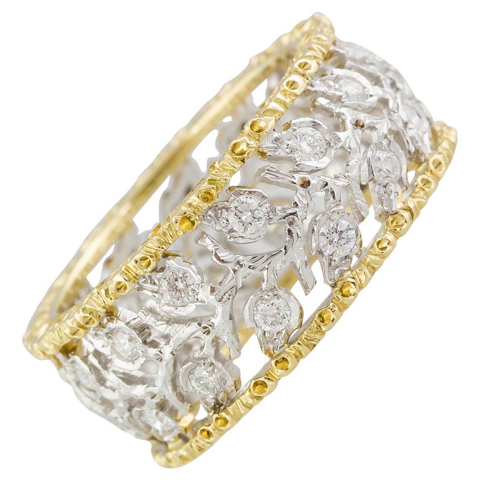 Mario Buccellati Ramage Diamond 18k Two-Color Gold Leaf Band Ring For Sale