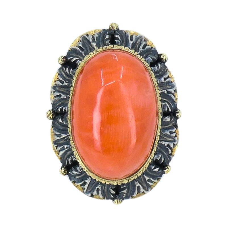 Mario Buccellati Ring Vintage Koralle Silber Gold Estate Jewelry (Ovalschliff) im Angebot