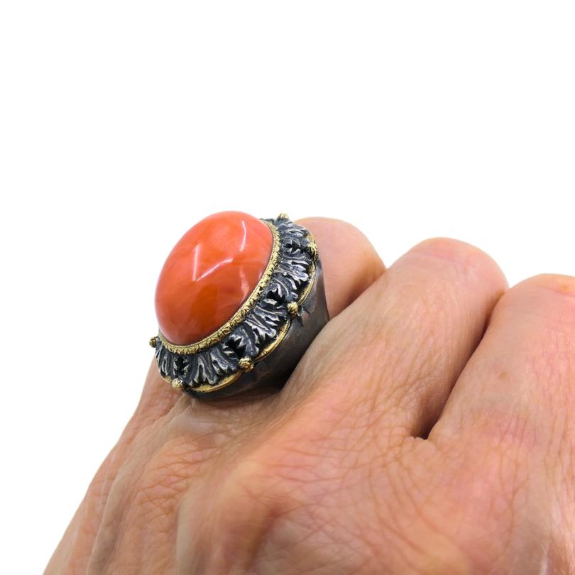 Mario Buccellati Ring Vintage Koralle Silber Gold Estate Jewelry im Angebot 2