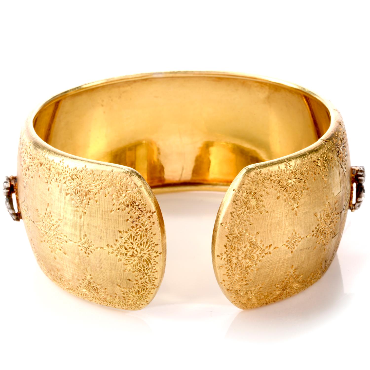 Art Nouveau Mario Buccellati Rose Cut Diamond Wide Cuff Bangle 8 Karat Gold Bracelet