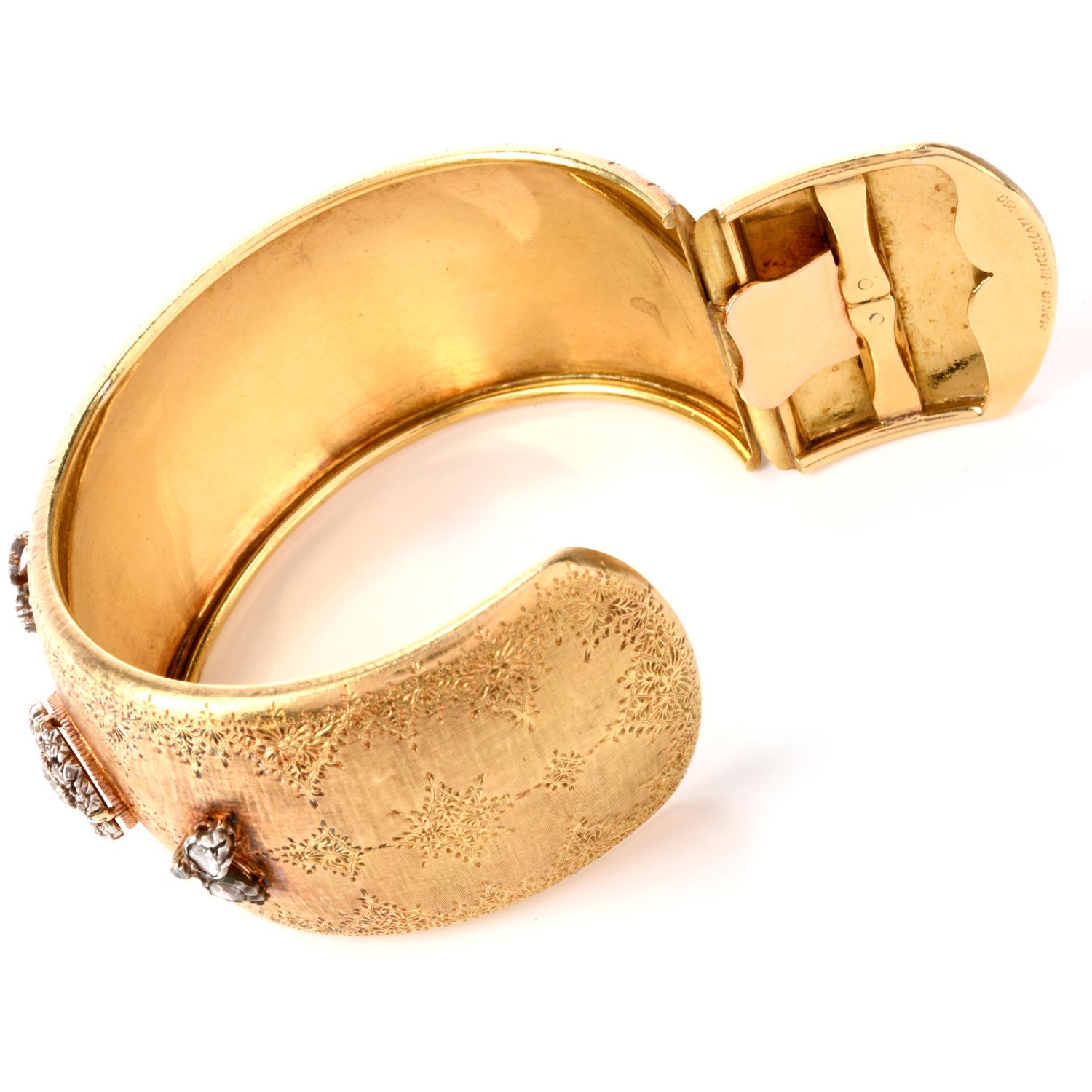 Women's Mario Buccellati Rose Cut Diamond Wide Cuff Bangle 8 Karat Gold Bracelet