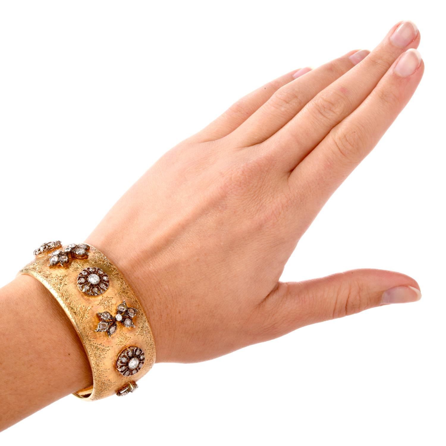 Mario Buccellati Rose Cut Diamond Wide Cuff Bangle 8 Karat Gold Bracelet 1