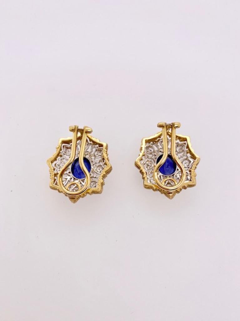 Very Impressive 18k gold Diamond and Sapphire Ear Clips signed M Buccellati.Beautiful lacey diamond design with center faceted
Sapphire of gorgeous color.