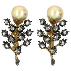 Mario Buccellati Silver and Gold Rose Cut Diamond with Cultured Pearl Earrings