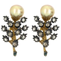 Mario Buccellati Silver and Gold Rose Cut Diamond with Cultured Pearl Earrings