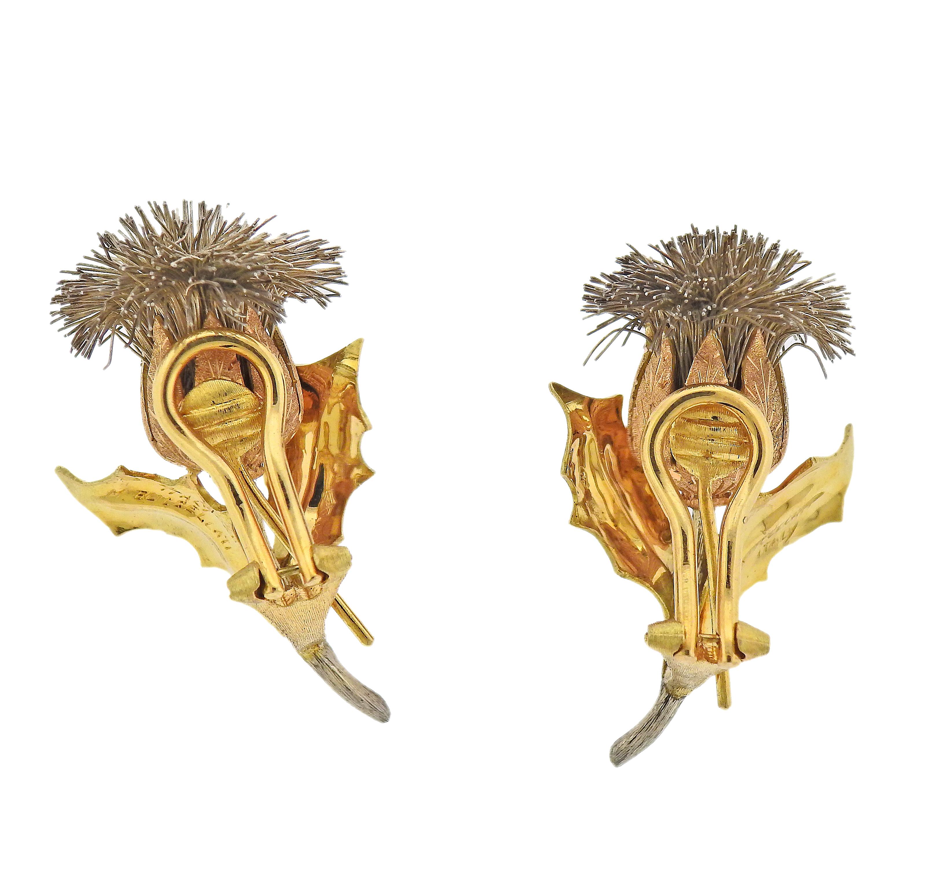 Pair of 18k rose, white and yellow and rose gold thistle earrings, by Mario Buccellati. Earrings are 35mm x 23mm. Marked: M. Buccellati, Italy, 750. Weight - 17.7 grams. 