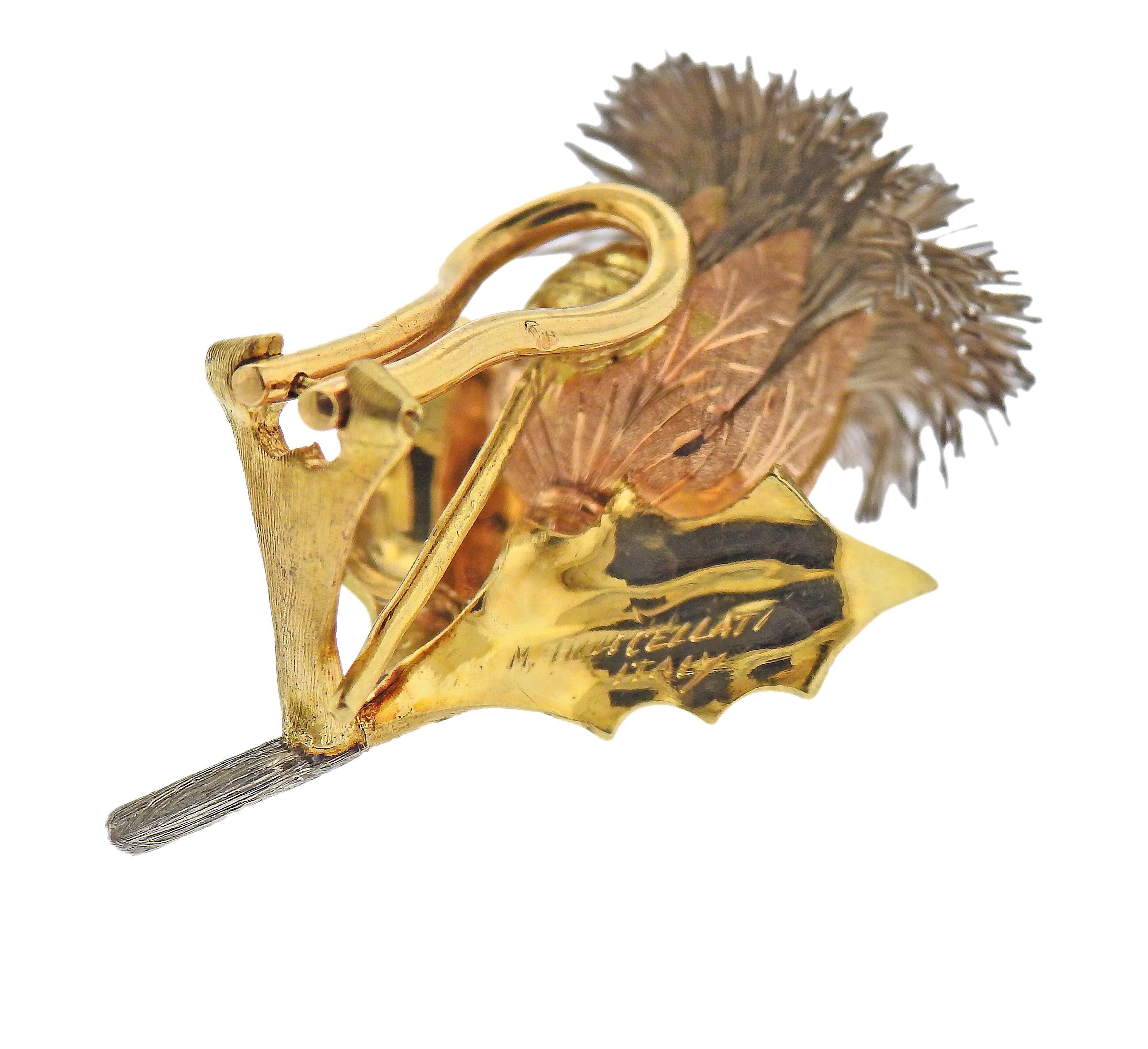Mario Buccellati Tri Color Gold Thistle Earrings In Excellent Condition In New York, NY