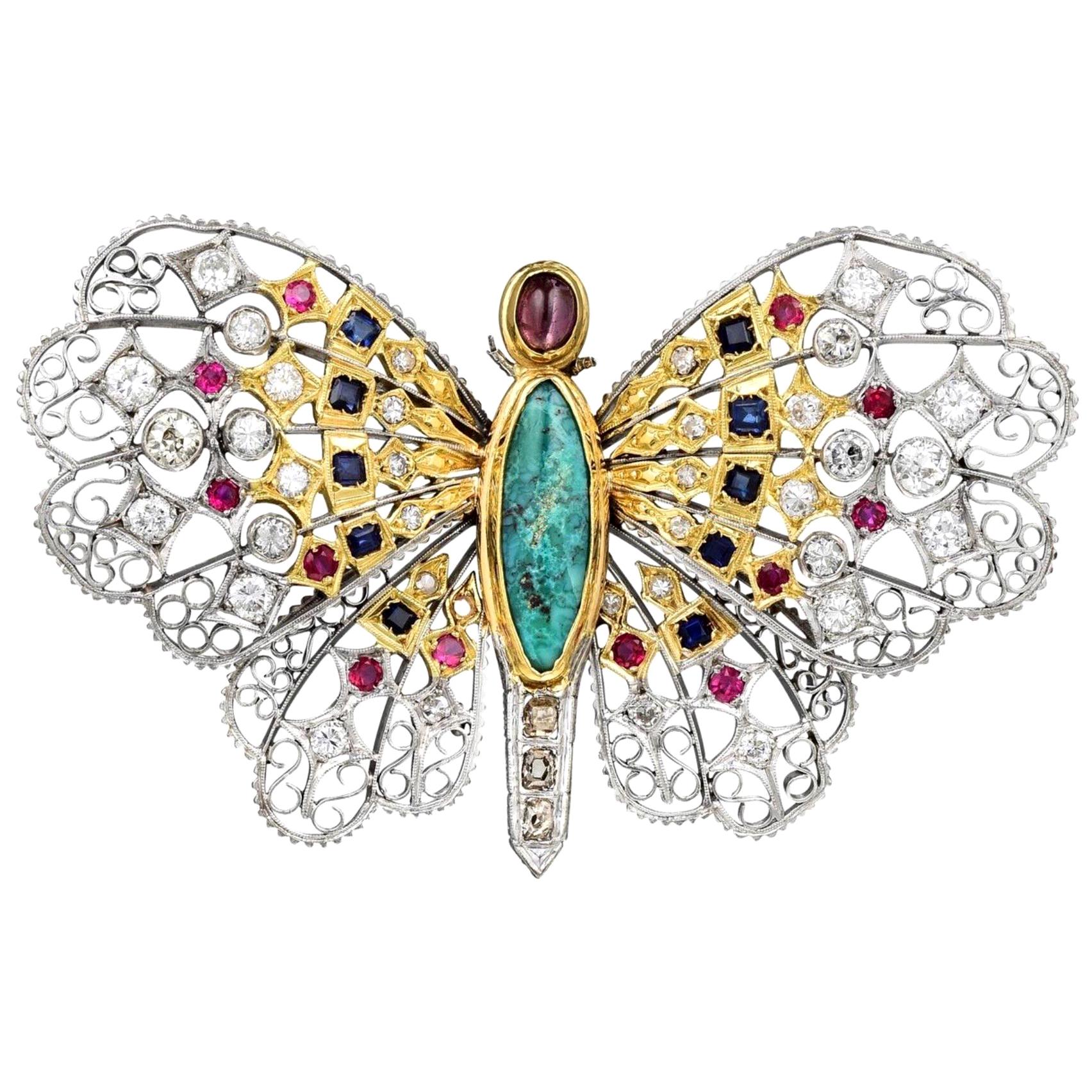 Mario Buccellati Turquoise Ruby, Sapphire and Diamond Butterfly Pin