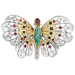 Mario Buccellati Turquoise Ruby, Sapphire and Diamond Butterfly Pin