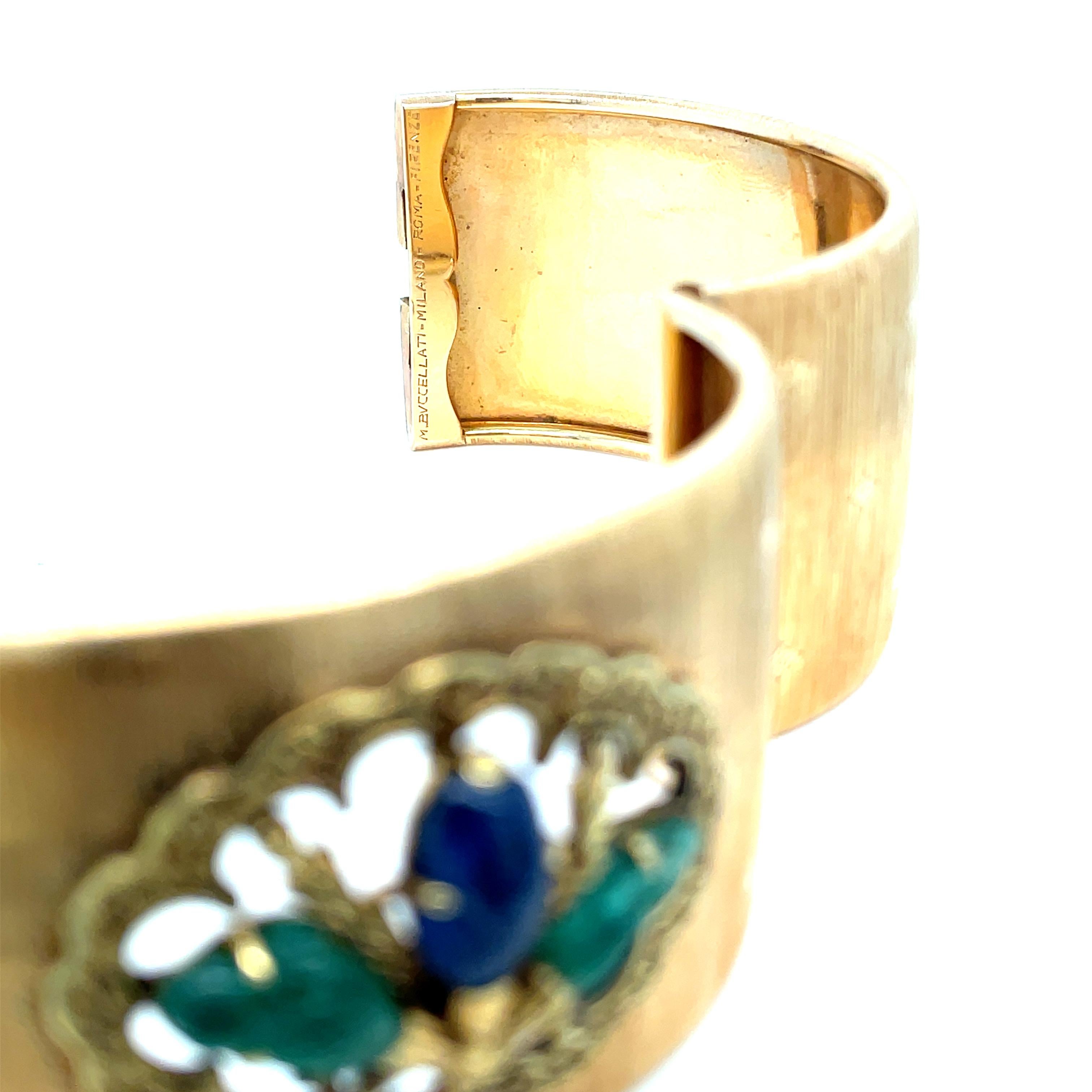 Mario Buccellati Tutti Frutti Sapphire Emerald 1960 Gold Cuff Bracelet For Sale 5