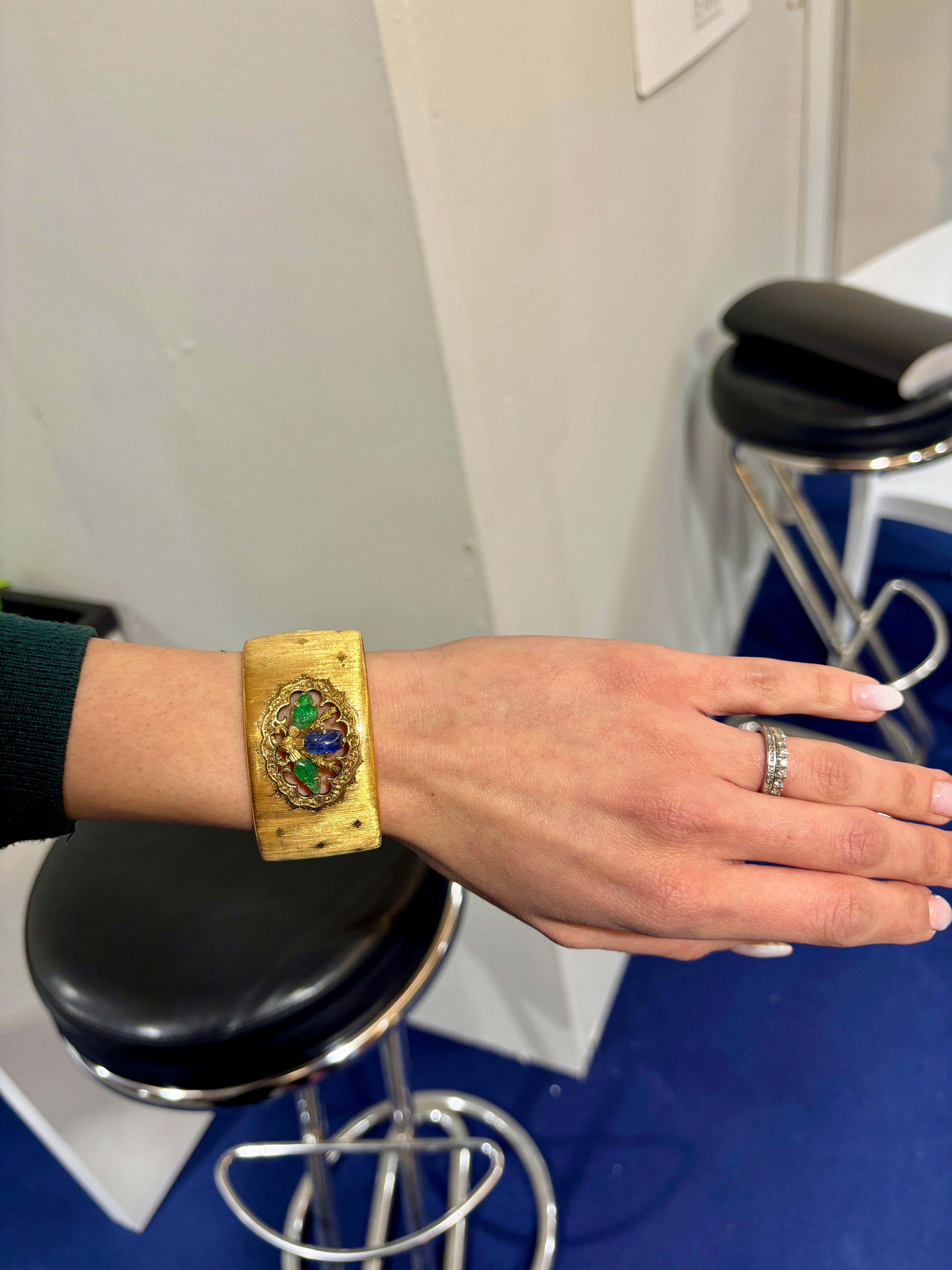 Mario Buccellati Tutti Frutti Saphir-Saphir-Smaragd 1960 Gold-Manschettenarmband 10