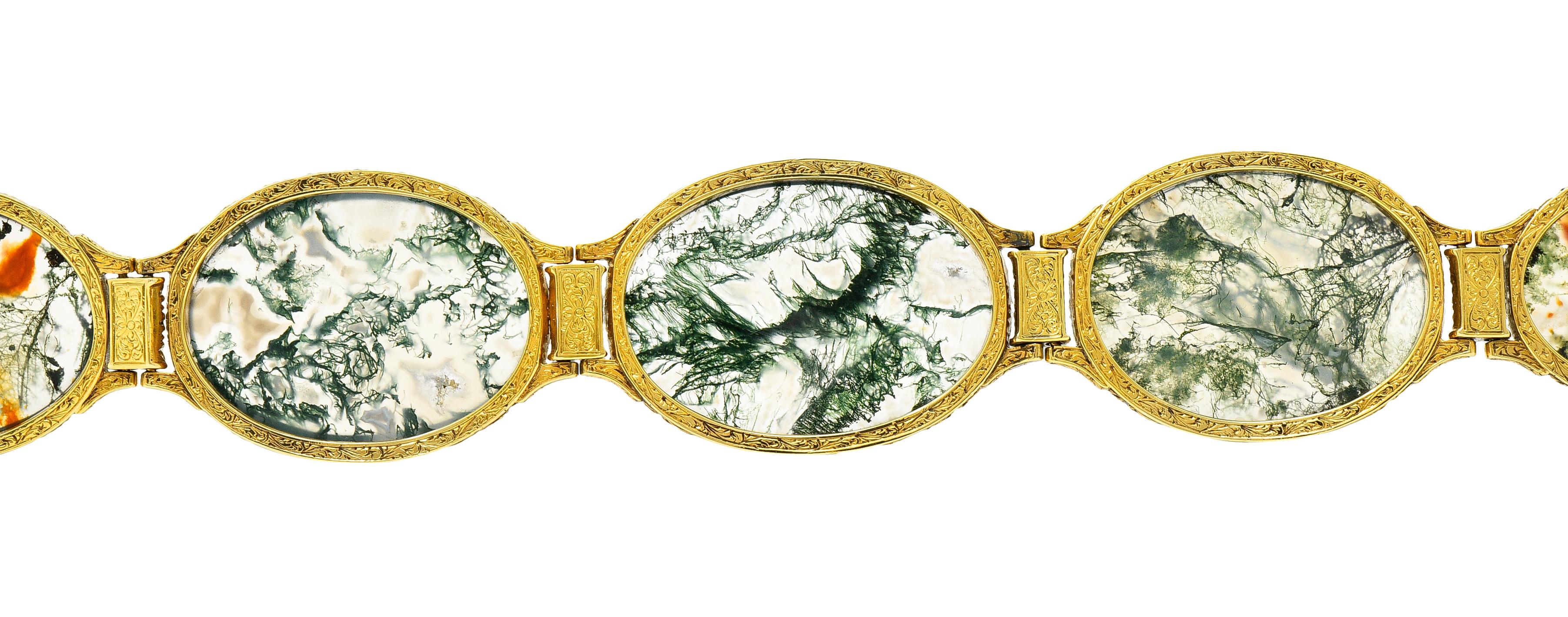 Mario Buccellati Victorian Moss Agate 18 Karat Gold Foliate Antique Bracelet 5