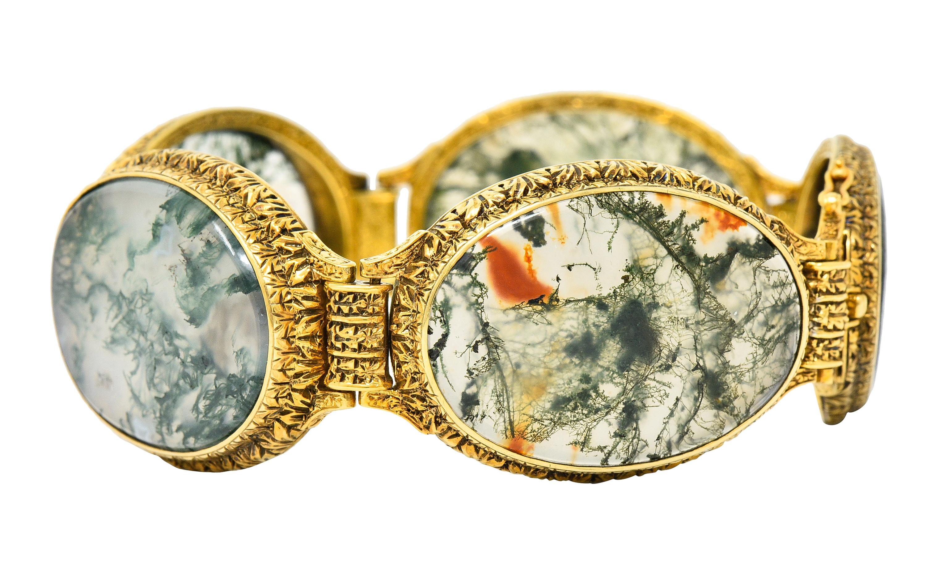Mario Buccellati Victorian Moss Agate 18 Karat Gold Foliate Antique Bracelet 7