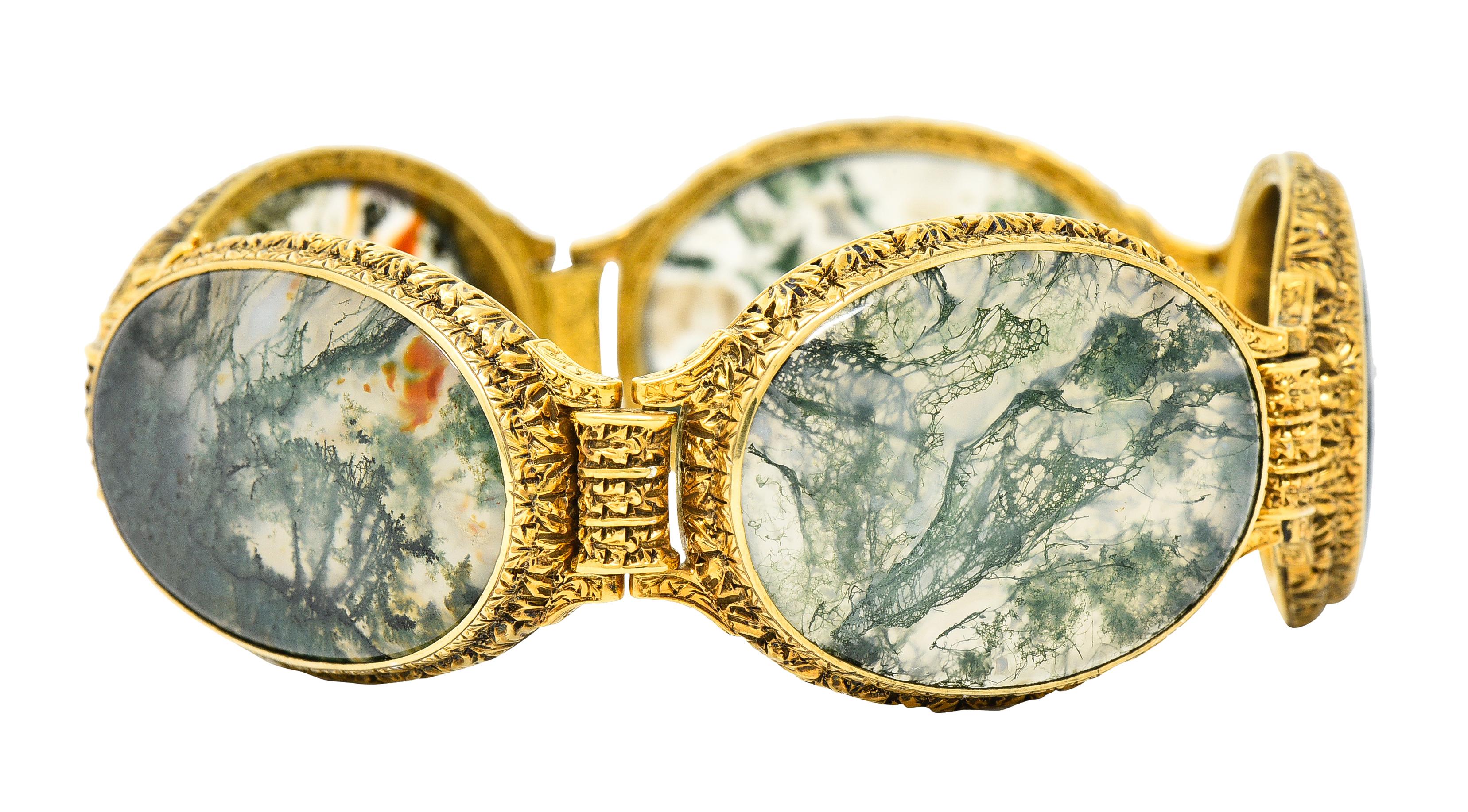 Oval Cut Mario Buccellati Victorian Moss Agate 18 Karat Gold Foliate Antique Bracelet