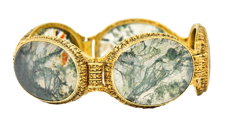 Mario Buccellati Victorian Moss Agate 18 Karat Gold Foliate Antique Bracelet In Excellent Condition In Philadelphia, PA
