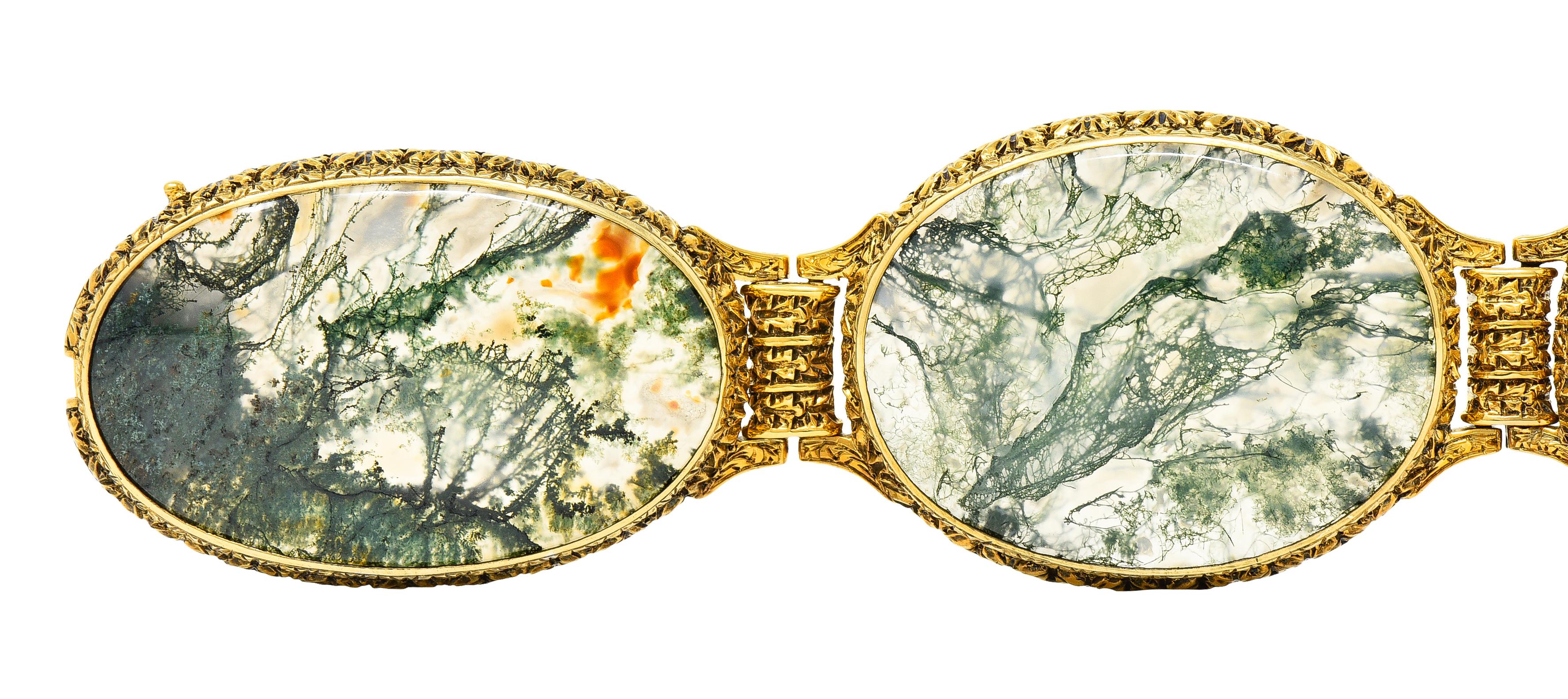 Mario Buccellati Victorian Moss Agate 18 Karat Gold Foliate Antique Bracelet In Excellent Condition In Philadelphia, PA