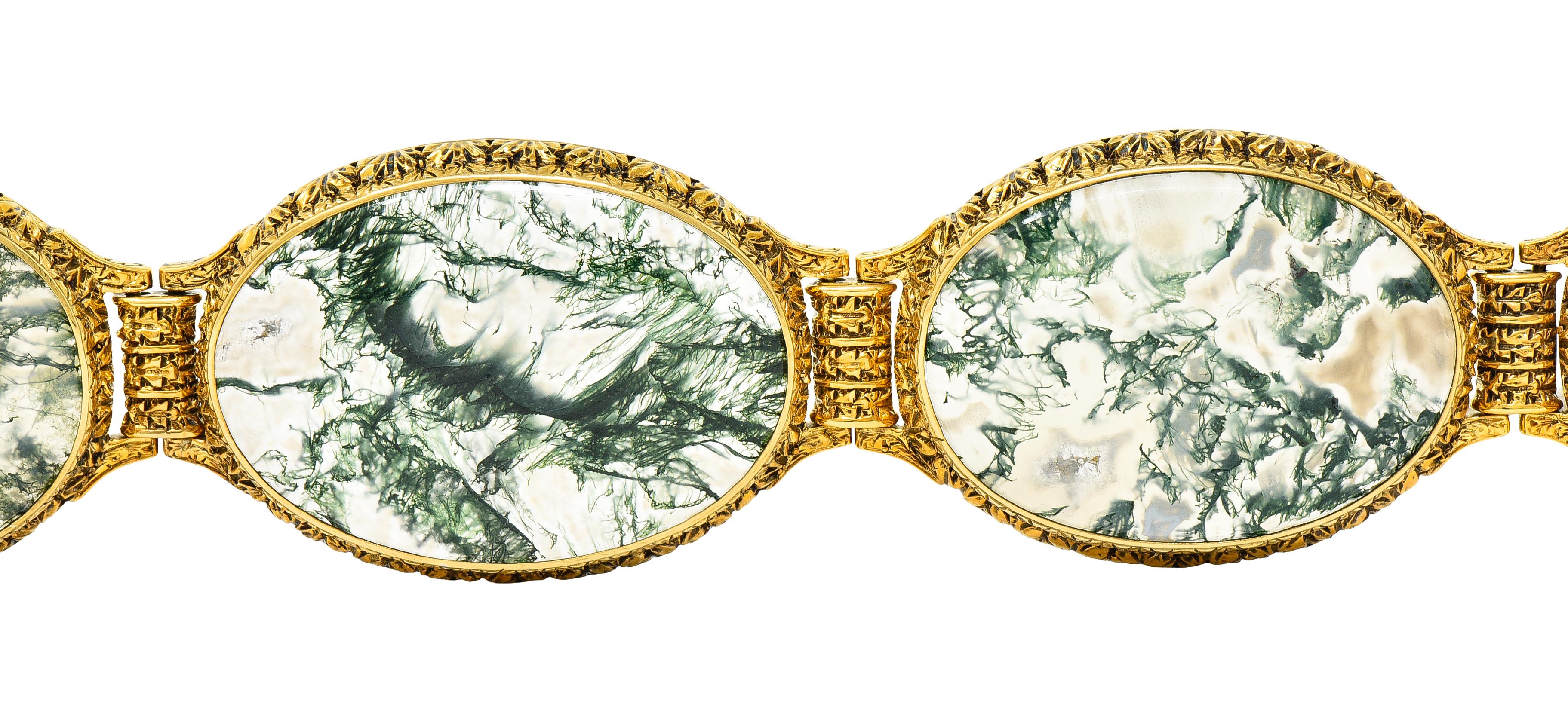 Women's or Men's Mario Buccellati Victorian Moss Agate 18 Karat Gold Foliate Antique Bracelet