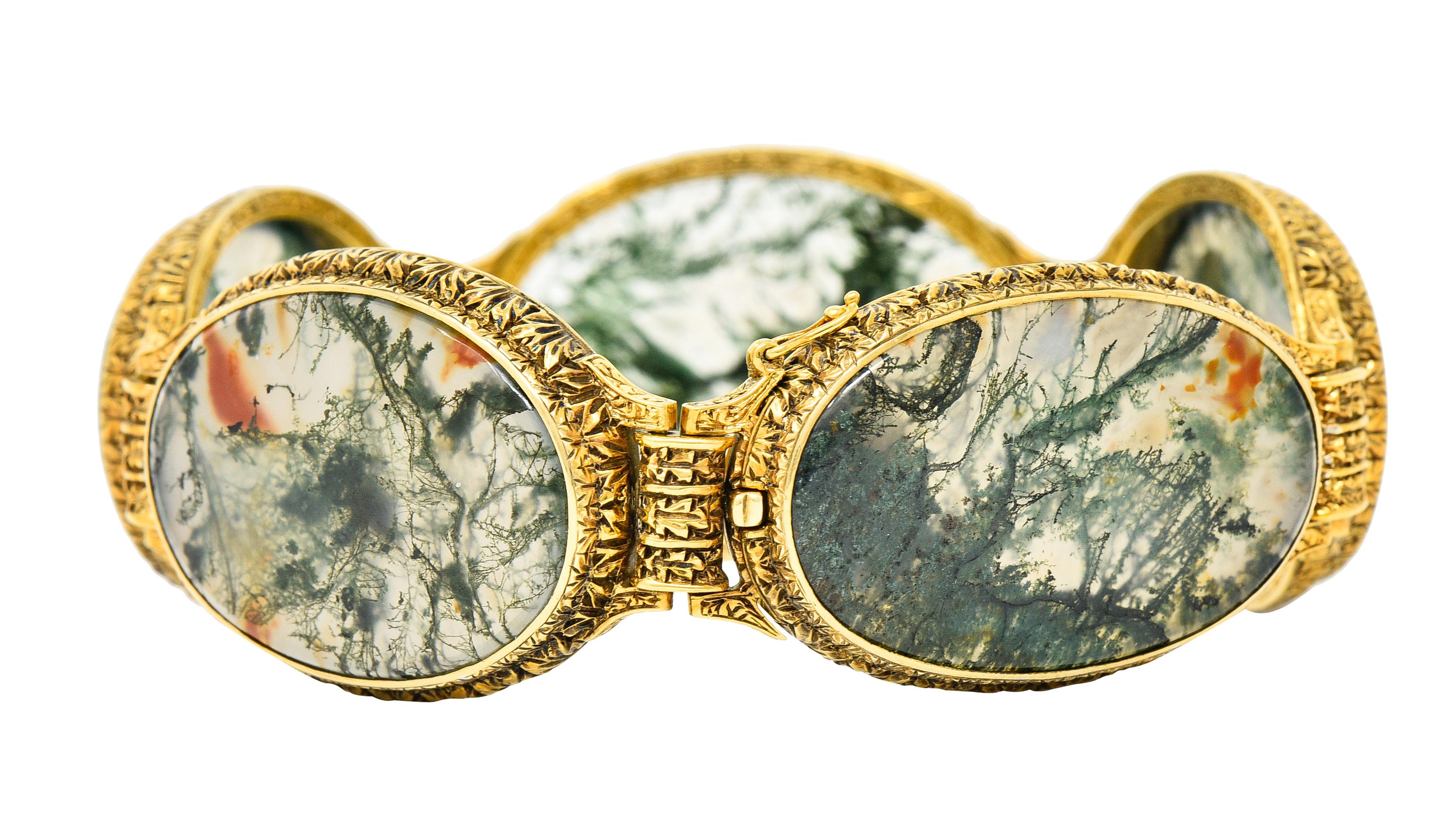 Mario Buccellati Victorian Moss Agate 18 Karat Gold Foliate Antique Bracelet 2