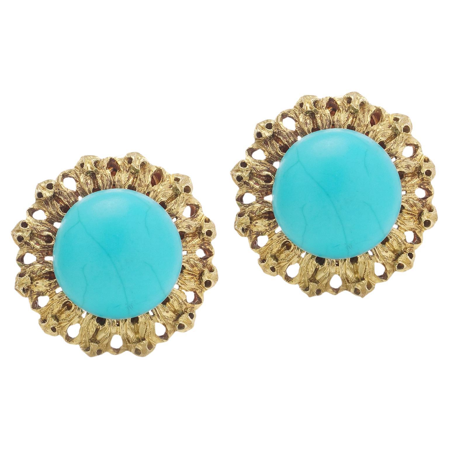 Mario Buccellati vintage 18kt. yellow gold pair of turquoise clip-on earrings