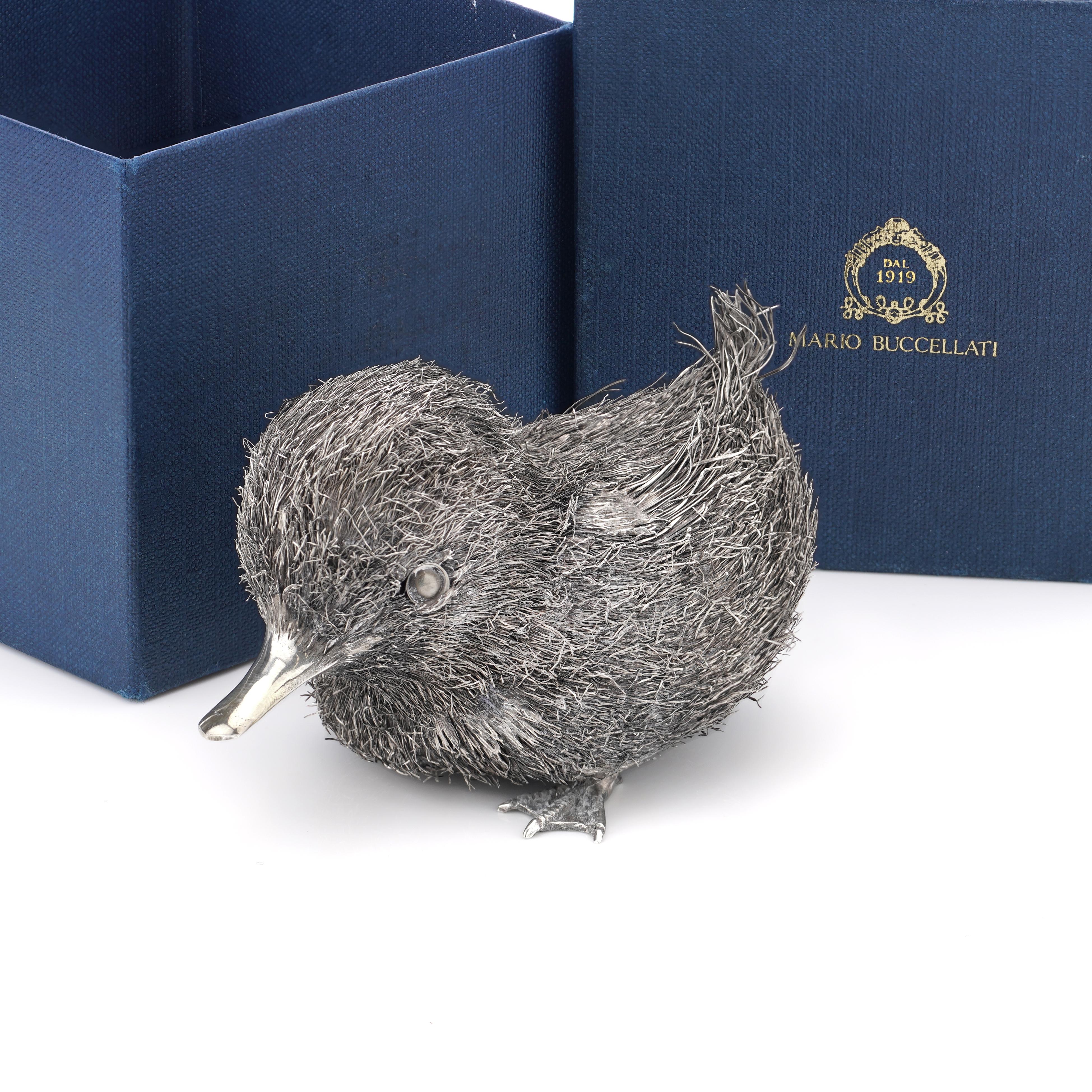 Mario Buccellati vintage 800. Italian silver duckling figurine. 
Made Italy, Milano, Ca.1930's 
Fully Hallmarked.

The furry duckling figurine is realistically modelled with wire feather. 
The body is signed “M. Buccellati Italy 800” on the