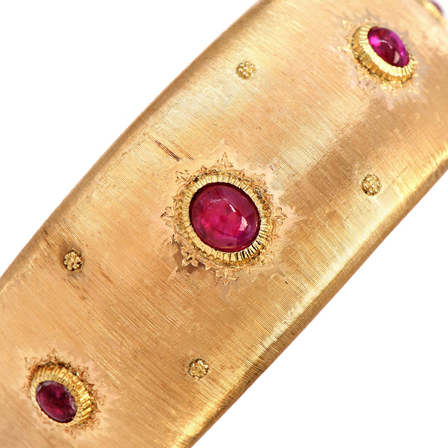 Vintage M. Buccellati Ruby Cuff Bracelet,

Inspired by the power of the flowers, is 34.0 Grams of Luxurious 18K Yellow Gold.

with the Rigato satin finish is a characteristic style of the House of Buccellati.

Adorning the facade are 5