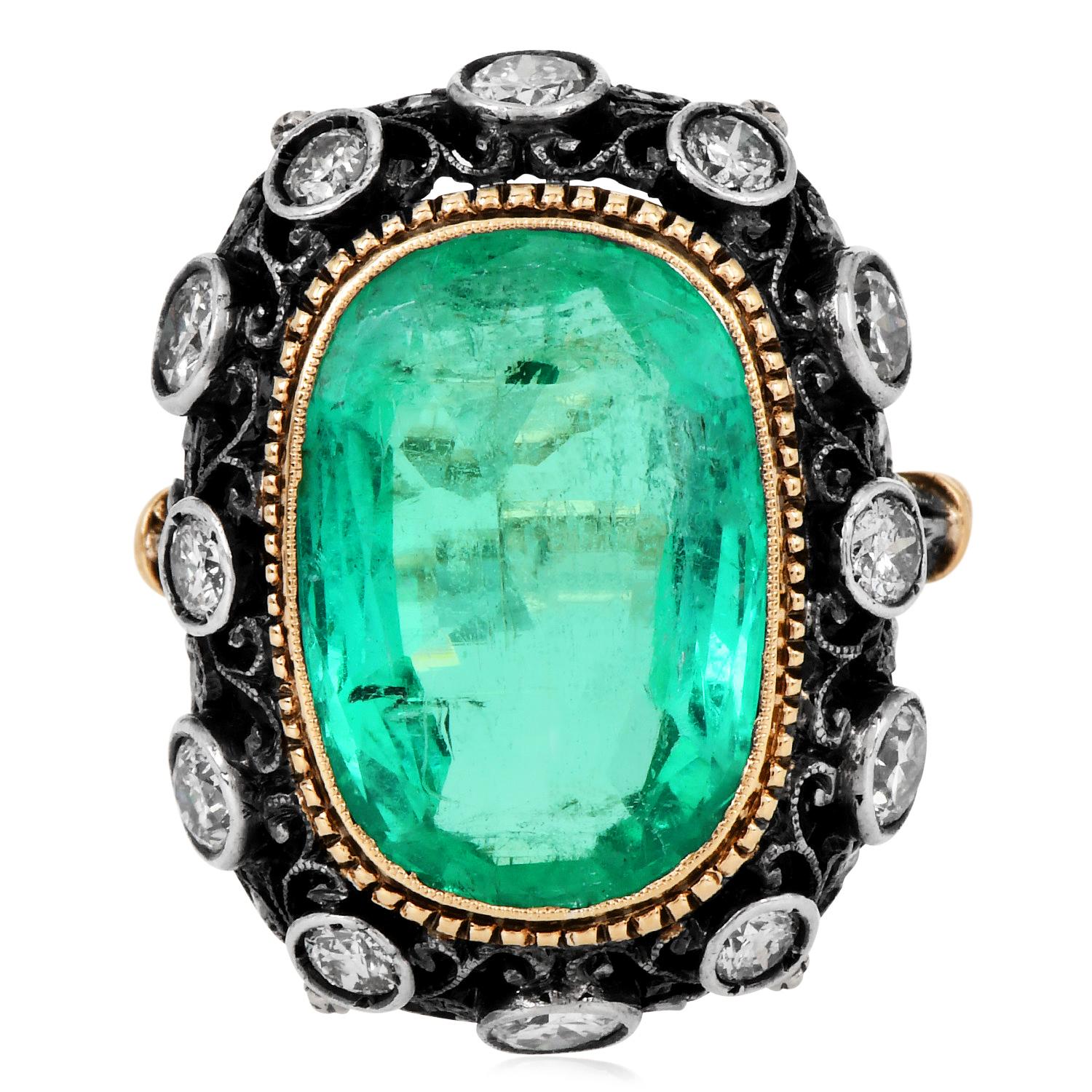Retro Mario Buccellati Vintage Colombian Emerald 8.30cts Diamond 18K Gold Cocktail Rin