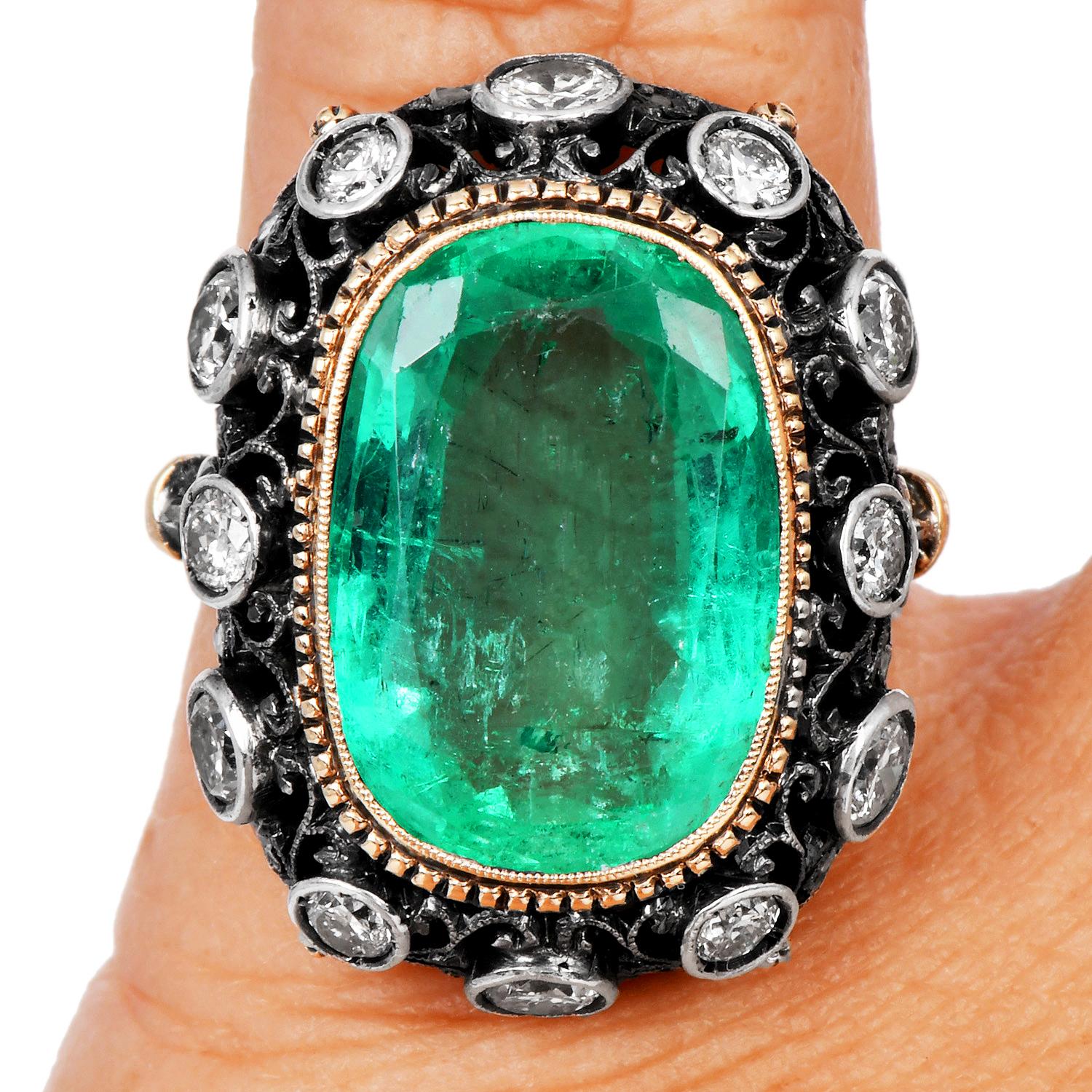 Women's Mario Buccellati Vintage Colombian Emerald 8.30cts Diamond 18K Gold Cocktail Rin