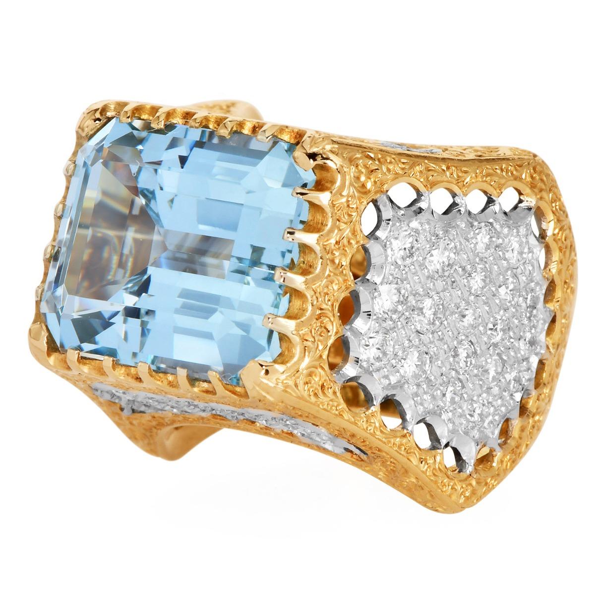 Rétro Mario Buccellati Anello da cocktail vintage con diamante e acquamarina in oro 18 carati in vendita