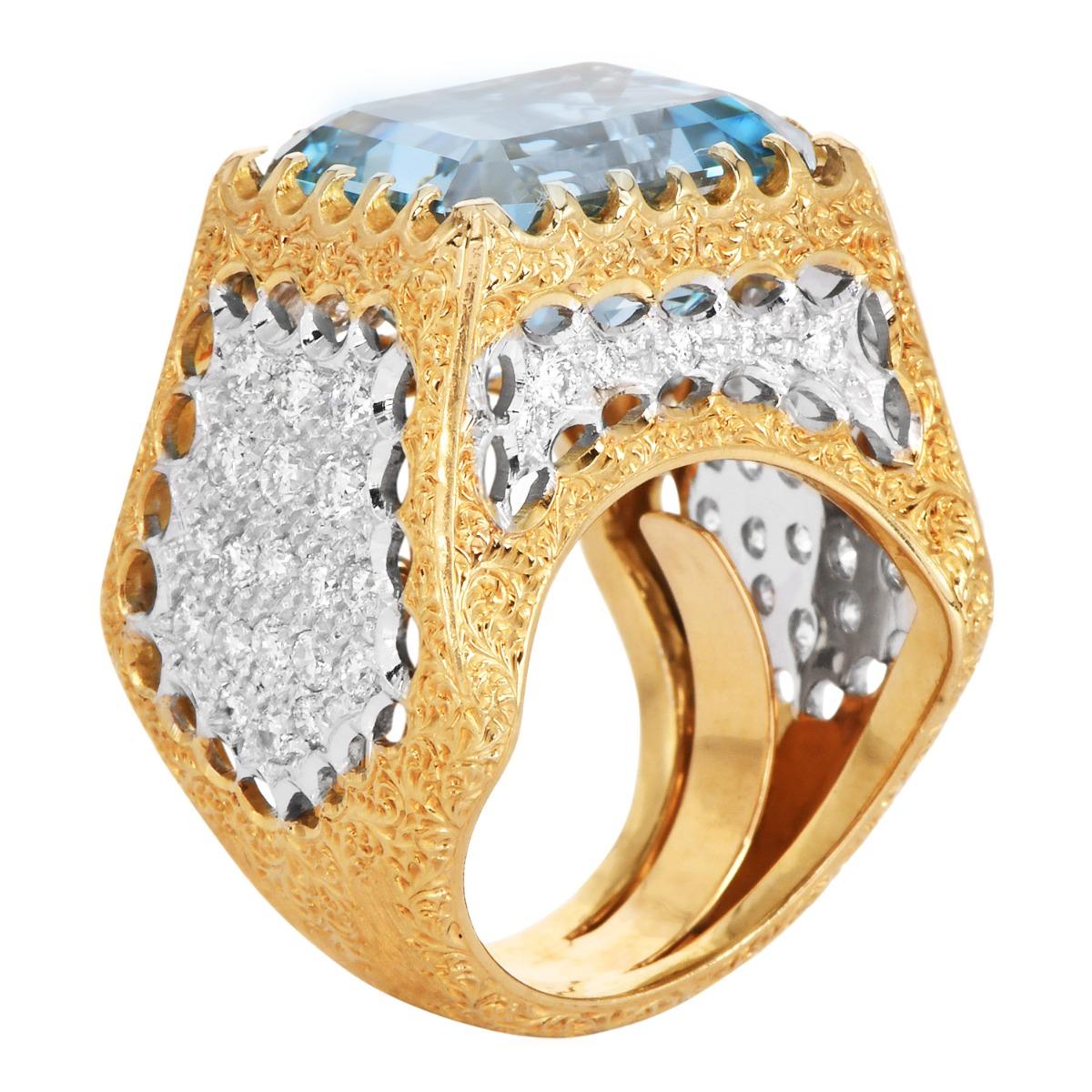 Taglio smeraldo Mario Buccellati Anello da cocktail vintage con diamante e acquamarina in oro 18 carati in vendita