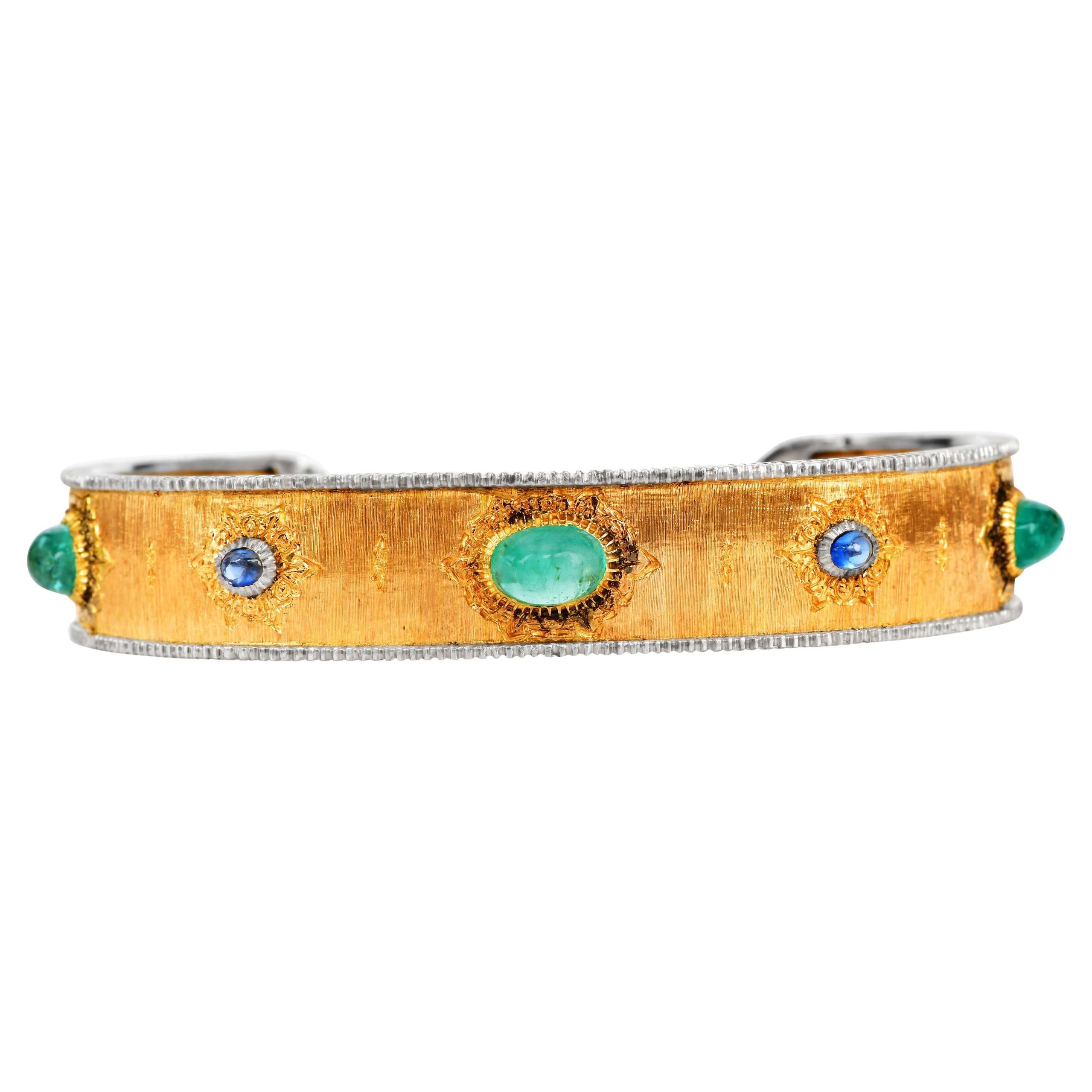Mario Buccellati Vintage Emerald Sapphire 18K Gold Cuff Bangle For Sale