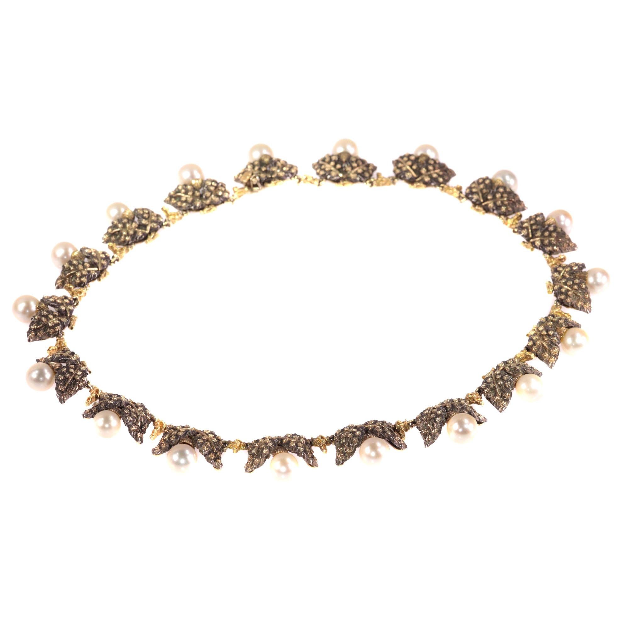 Mario Buccellati Vintage Gold and Silver Pearl Necklace with Grape Leaf Motive For Sale
