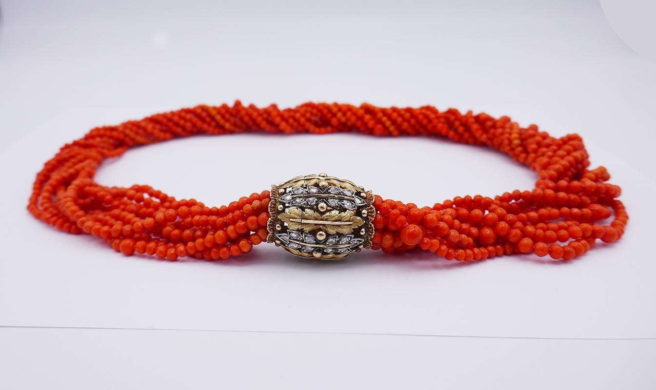 Rose Cut Mario Buccellati Vintage Necklace 18k Gold Coral Bead Multi-strand Diamond For Sale