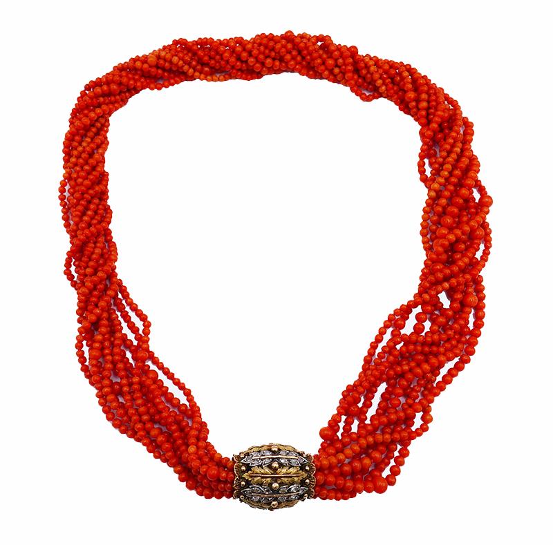 Mario Buccellati Vintage Necklace 18k Gold Coral Bead Multi-strand Diamond For Sale 1