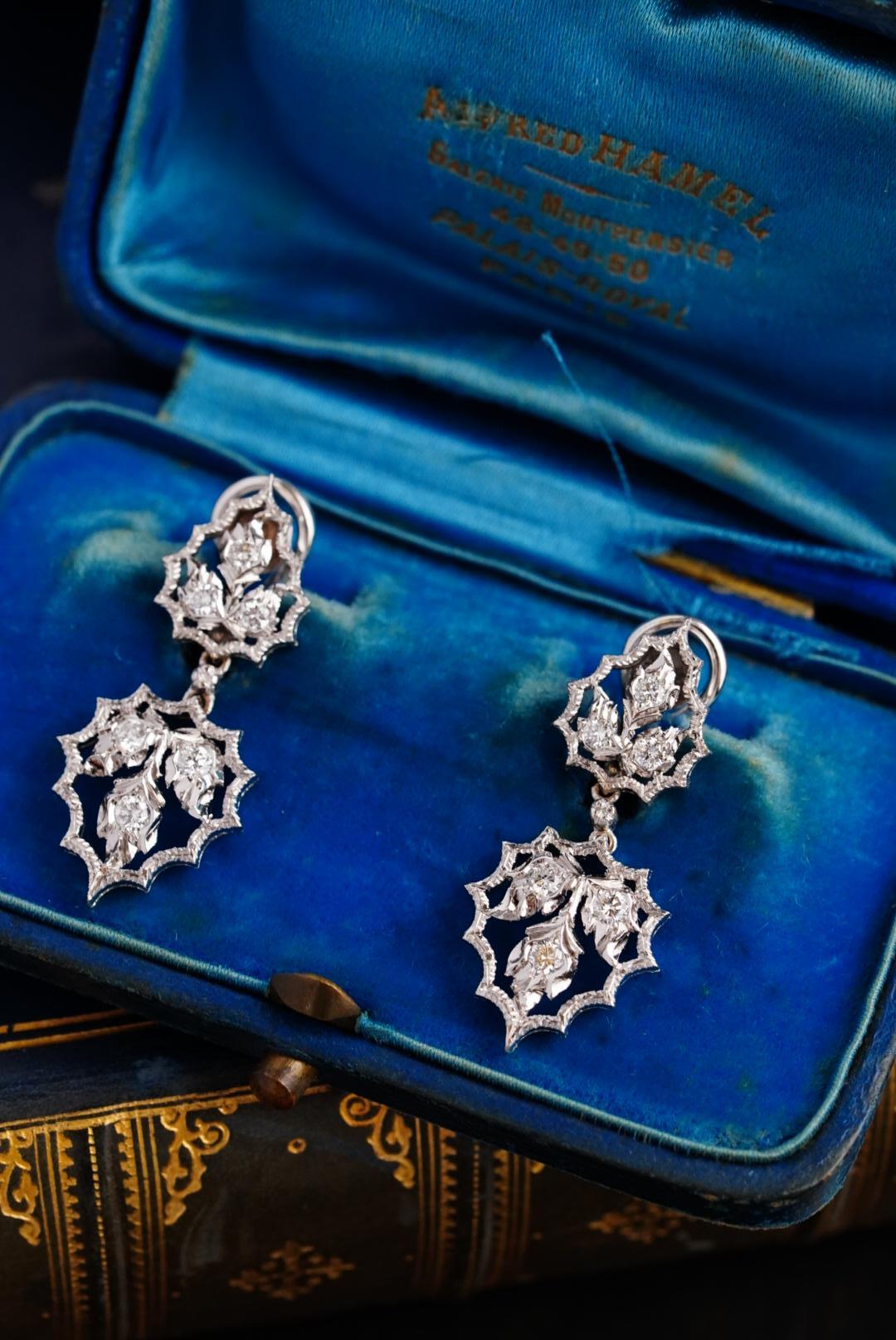 Women's Mario Buccellati Vintage White Gold Leaf Drop Diamond Earring For Sale