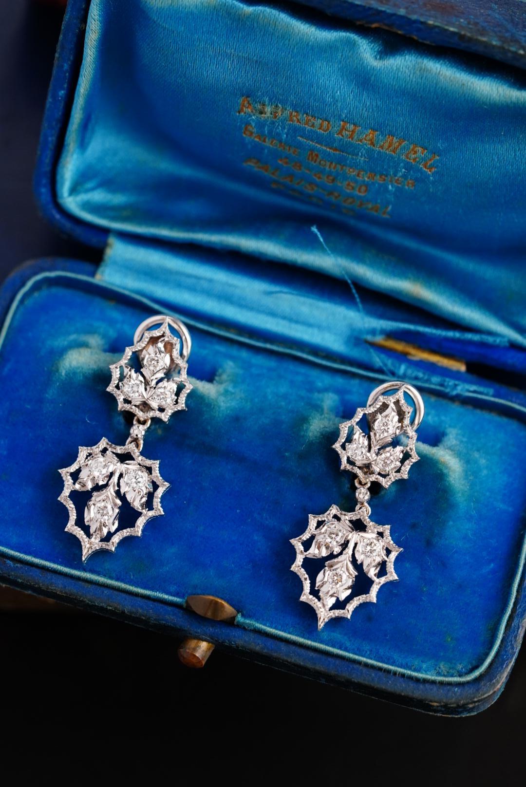 Mario Buccellati Vintage White Gold Leaf Drop Diamond Earring For Sale 1
