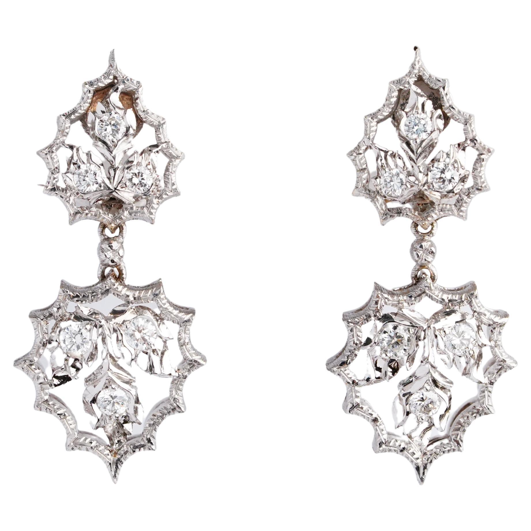 Mario Buccellati Vintage White Gold Leaf Drop Diamond Earring For Sale